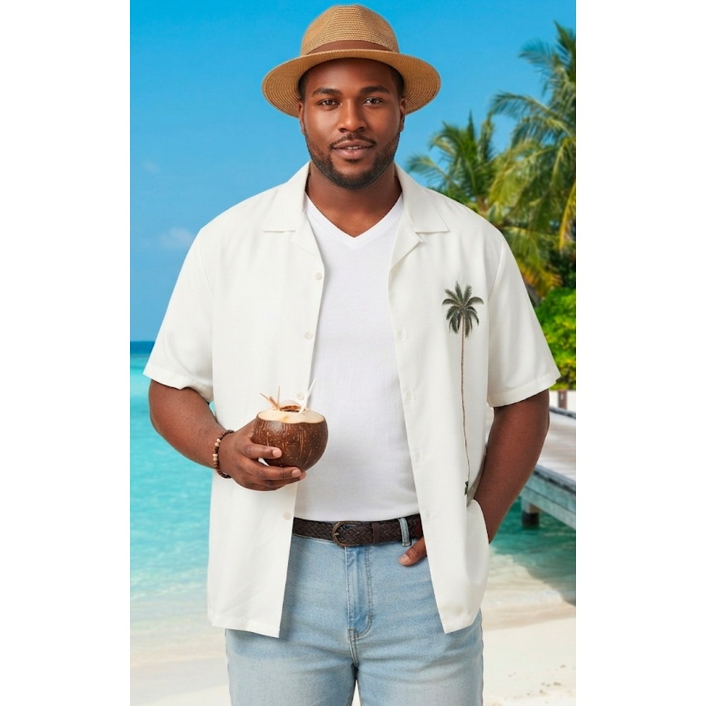 Batik Bay Mens XXL Cream Palm Tree Embroidered Short Sleeve Camp Shirt Tropical